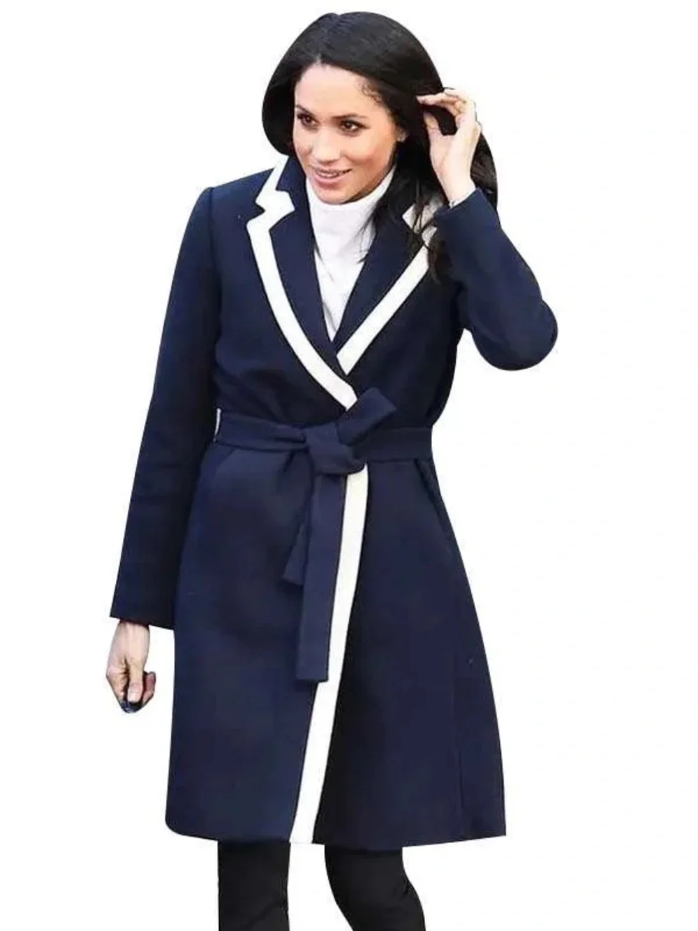 J. Crew Italian Wool Navy & Ivory Contrast Trim Belted Coat Size 4 - Picture 1 of 10